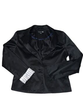 F21 Reversible Striped Cuff Satin Blazer Suit Jacket Black White Office Business